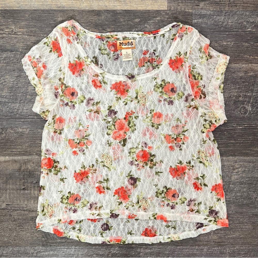 Mudd white and pink floral sheer lace top blouse shirt size large L B175
